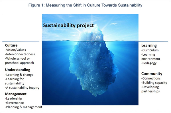 Figure 1: Measuring the Shift in Culture - reporting processes have changed to include not only the project (output), but the rich stories of transformation taking place in (pre)schools, under five key headings: Culture, Understanding, Learning, Management and Community