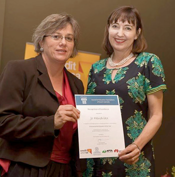 WOW Program Manager, Jo Hendrikx receives the Council of Educators Association SA Environmental Educator of the Year Award from Minister of Education Hon Susan Close